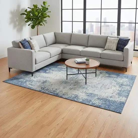 Denim Blue And Ivory Abstract Washable Area Rug With UV Protection Photo 2