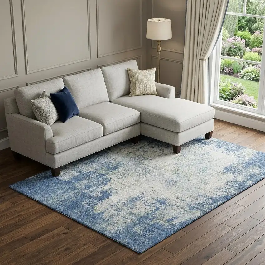 Denim Blue And Ivory Abstract Washable Area Rug With UV Protection Photo 1