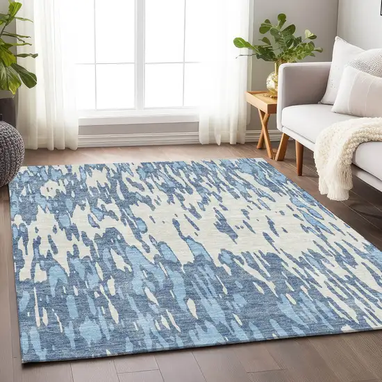 Denim Blue And Ivory Abstract Washable Area Rug With UV Protection Photo 3