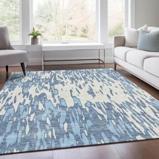 Denim Blue And Ivory Abstract Washable Area Rug With UV Protection Photo 4