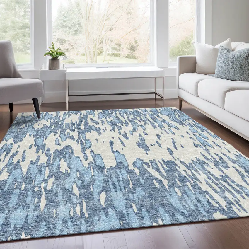 Denim Blue And Ivory Abstract Washable Area Rug With UV Protection Photo 4