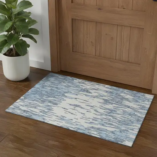 Denim Blue And Ivory Abstract Washable Area Rug With UV Protection Photo 1