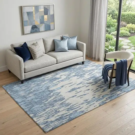 Denim Blue And Ivory Abstract Washable Area Rug With UV Protection Photo 1