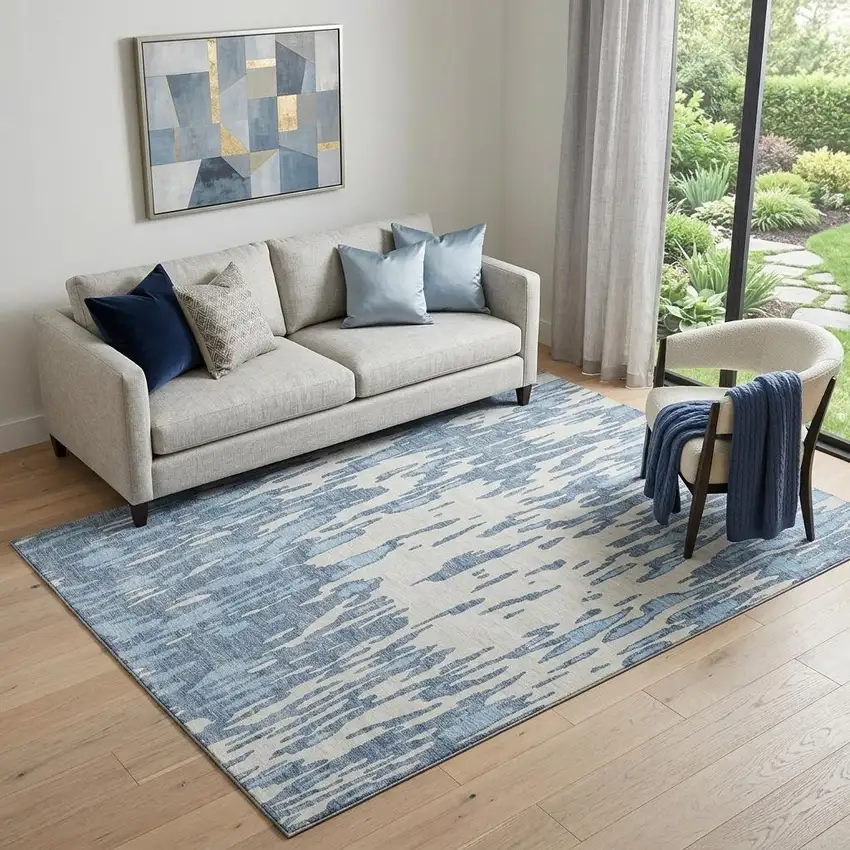 Denim Blue And Ivory Abstract Washable Area Rug With UV Protection Photo 1