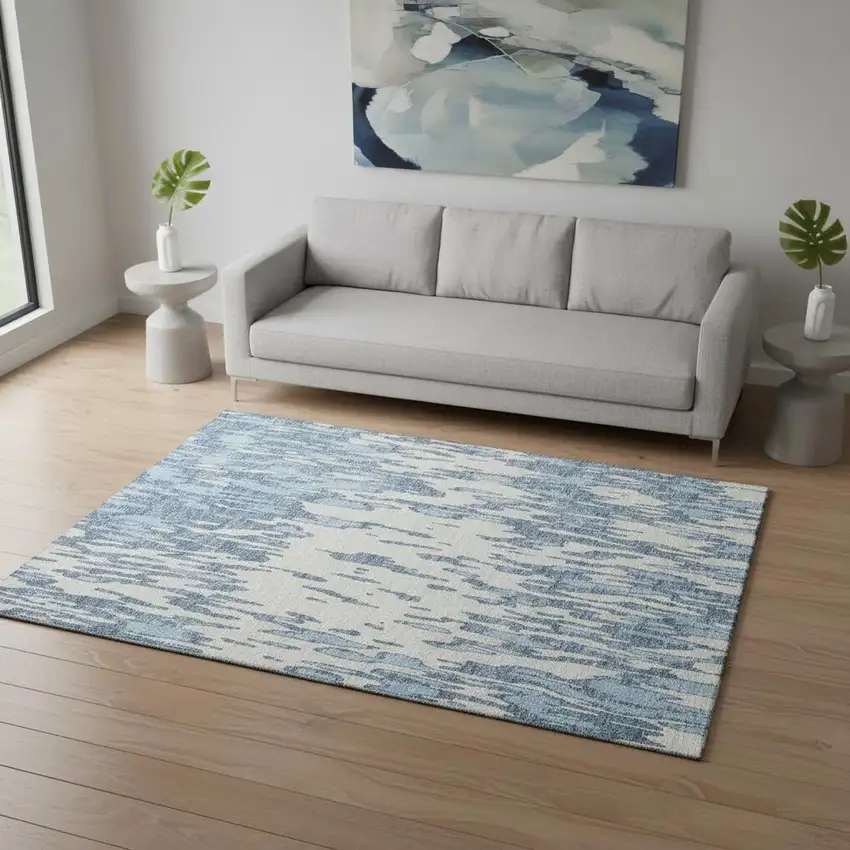 Denim Blue And Ivory Abstract Washable Area Rug With UV Protection Photo 2