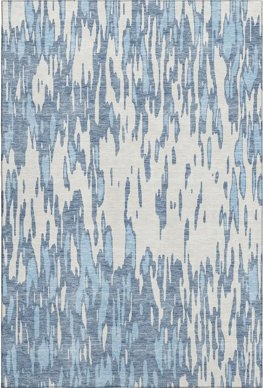 Denim Blue And Ivory Abstract Washable Area Rug With UV Protection Photo 1