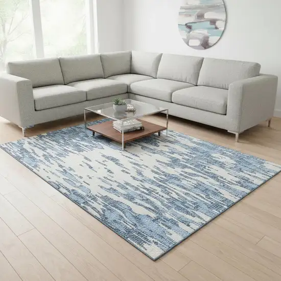 Denim Blue And Ivory Abstract Washable Area Rug With UV Protection Photo 2