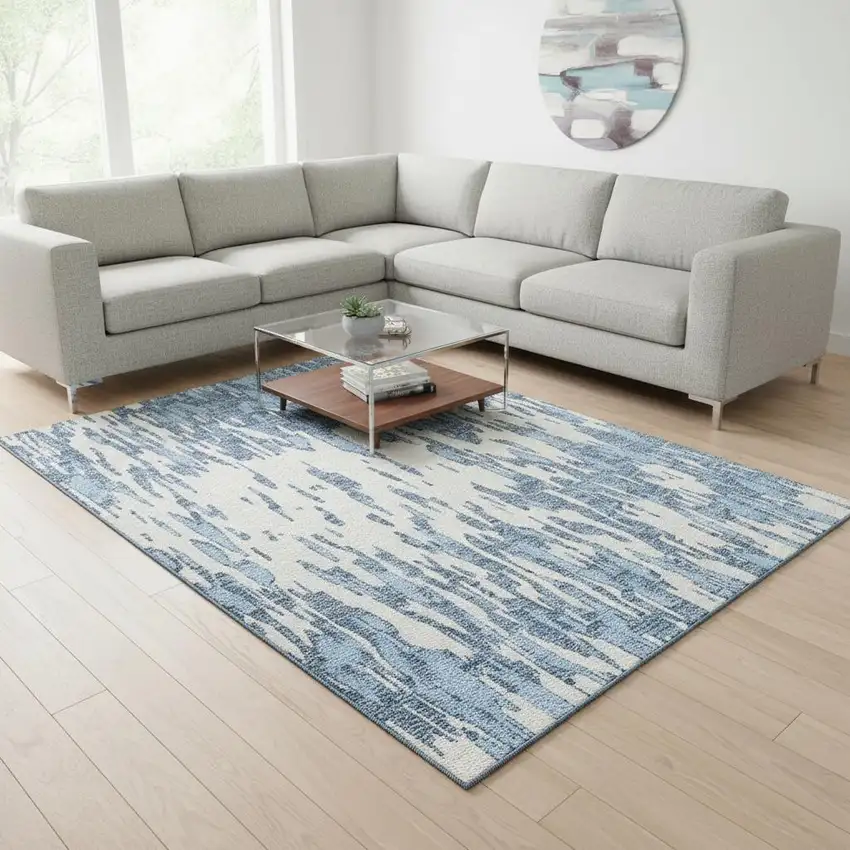Denim Blue And Ivory Abstract Washable Area Rug With UV Protection Photo 2