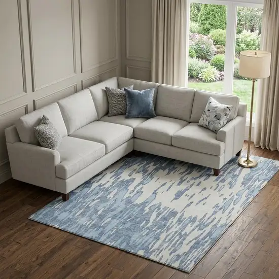 Denim Blue And Ivory Abstract Washable Area Rug With UV Protection Photo 1