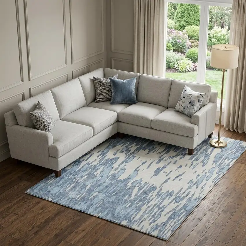 Denim Blue And Ivory Abstract Washable Area Rug With UV Protection Photo 1