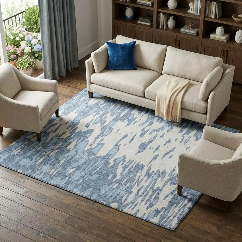 Denim Blue And Ivory Abstract Washable Area Rug With UV Protection Photo 1