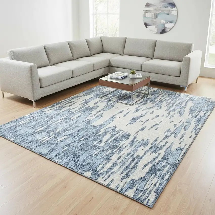 Denim Blue And Ivory Abstract Washable Area Rug With UV Protection Photo 2