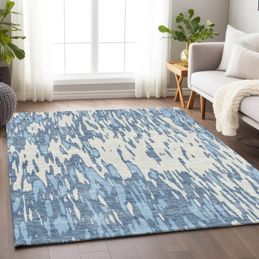 Denim Blue And Ivory Abstract Washable Area Rug With UV Protection Photo 4