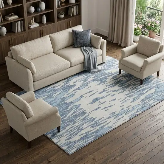 Denim Blue And Ivory Abstract Washable Area Rug With UV Protection Photo 1