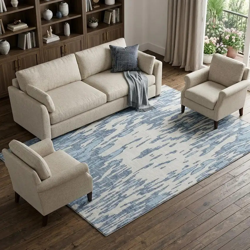 Denim Blue And Ivory Abstract Washable Area Rug With UV Protection Photo 1