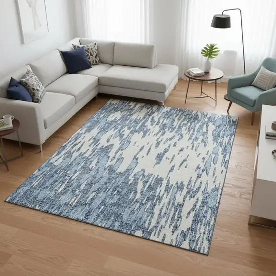 Denim Blue And Ivory Abstract Washable Area Rug With UV Protection Photo 2