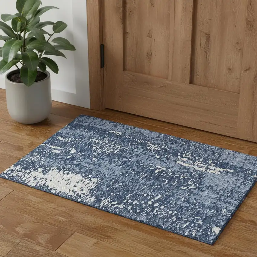 Denim Blue And Ivory Abstract Washable Area Rug With UV Protection Photo 1