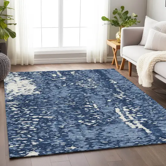 Denim Blue And Ivory Abstract Washable Area Rug With UV Protection Photo 5