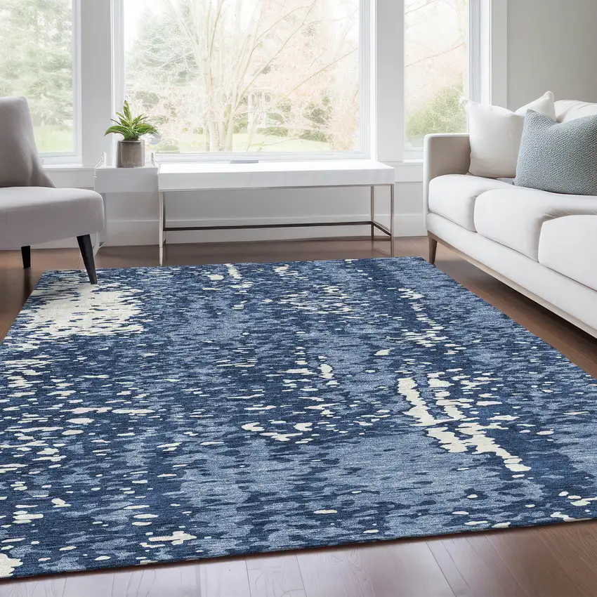 Denim Blue And Ivory Abstract Washable Area Rug With UV Protection Photo 5