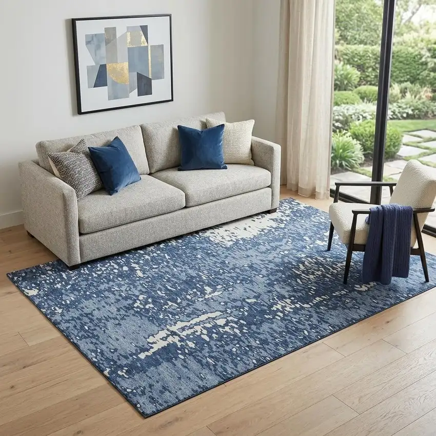 Denim Blue And Ivory Abstract Washable Area Rug With UV Protection Photo 1