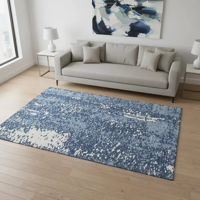 Denim Blue And Ivory Abstract Washable Area Rug With UV Protection Photo 2