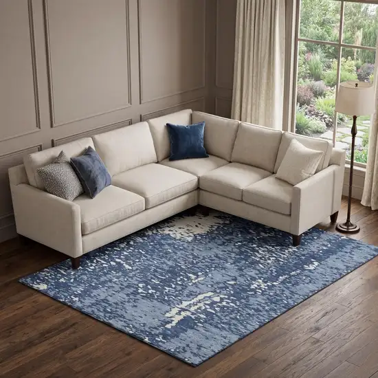 Denim Blue And Ivory Abstract Washable Area Rug With UV Protection Photo 1