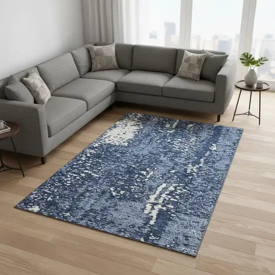 Denim Blue And Ivory Abstract Washable Area Rug With UV Protection Photo 2
