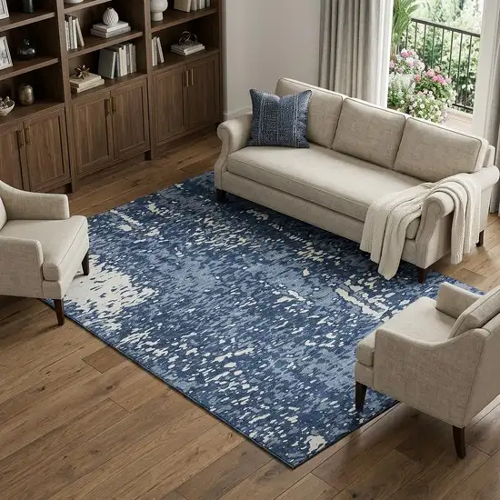 Denim Blue And Ivory Abstract Washable Area Rug With UV Protection Photo 1