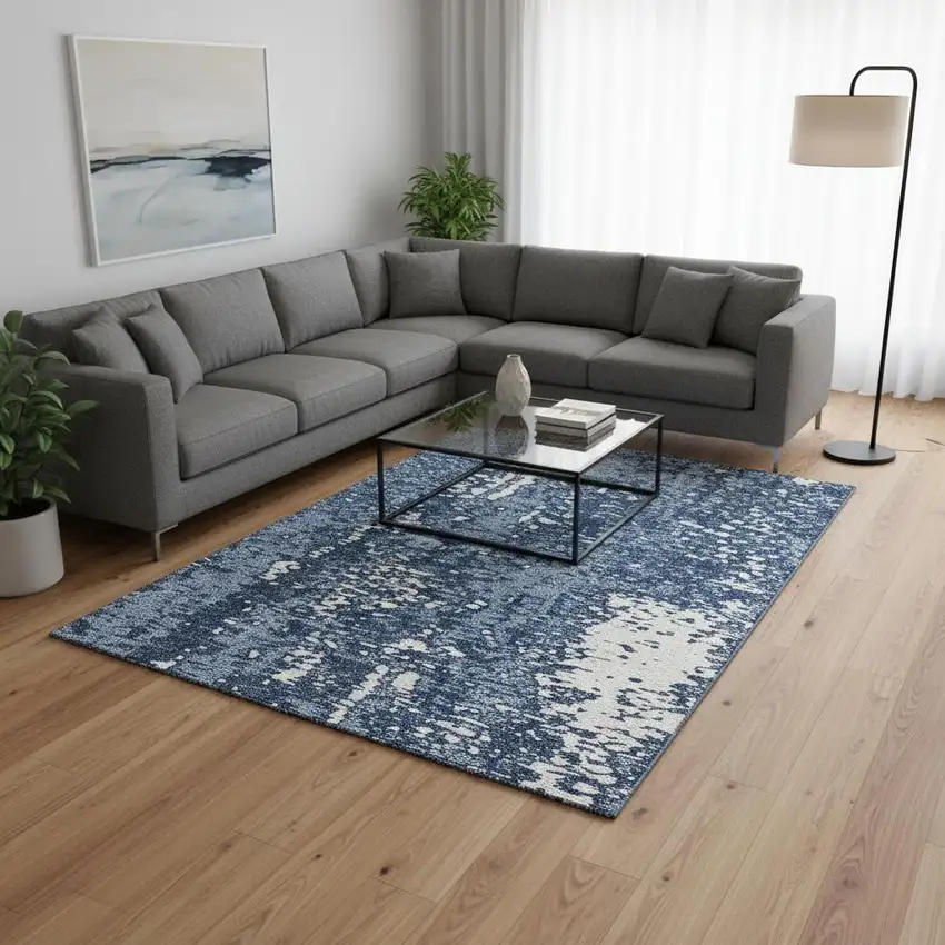 Denim Blue And Ivory Abstract Washable Area Rug With UV Protection Photo 2