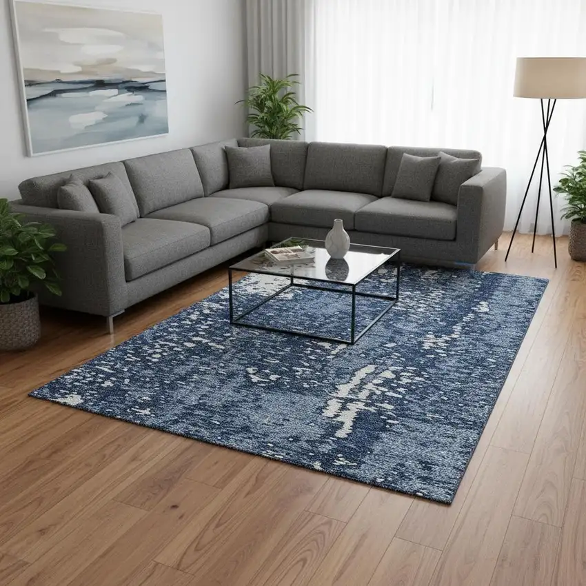 Denim Blue And Ivory Abstract Washable Area Rug With UV Protection Photo 2