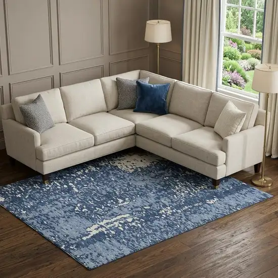 Denim Blue And Ivory Abstract Washable Area Rug With UV Protection Photo 1