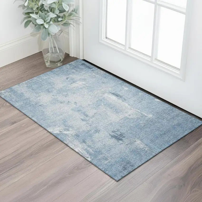 Denim Blue And Ivory Abstract Washable Area Rug With UV Protection Photo 2