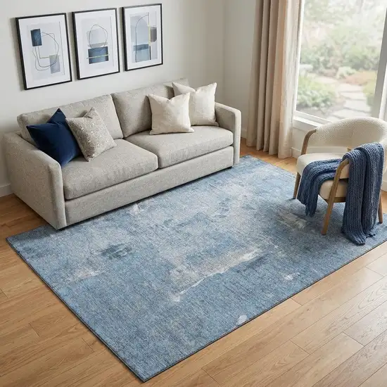 Denim Blue And Ivory Abstract Washable Area Rug With UV Protection Photo 1
