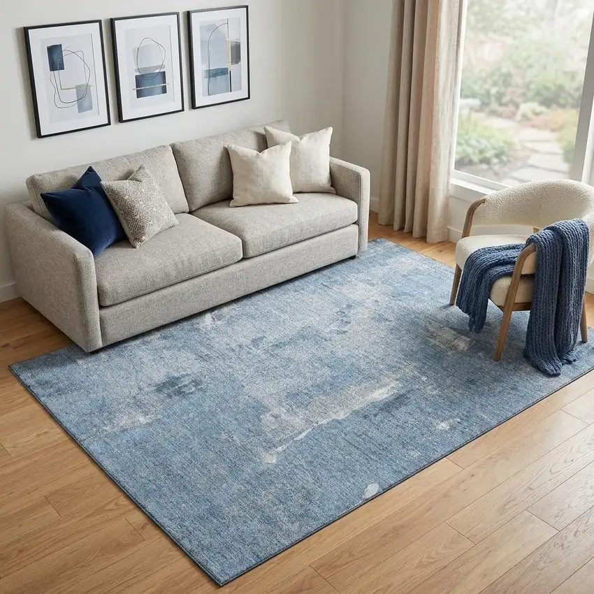 Denim Blue And Ivory Abstract Washable Area Rug With UV Protection Photo 1
