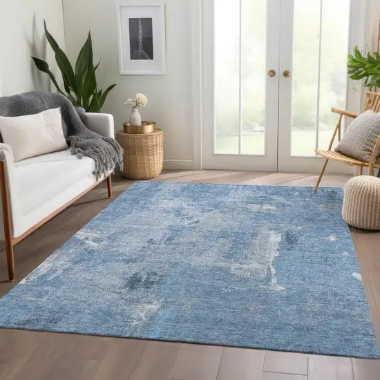 Denim Blue And Ivory Abstract Washable Area Rug With UV Protection Photo 5