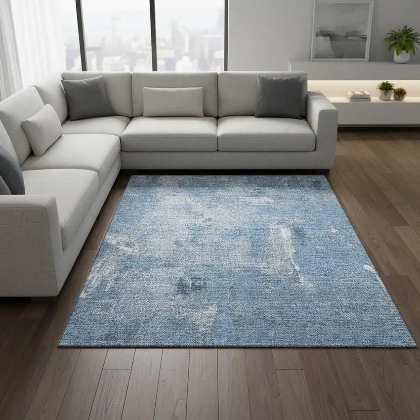 Denim Blue And Ivory Abstract Washable Area Rug With UV Protection Photo 2