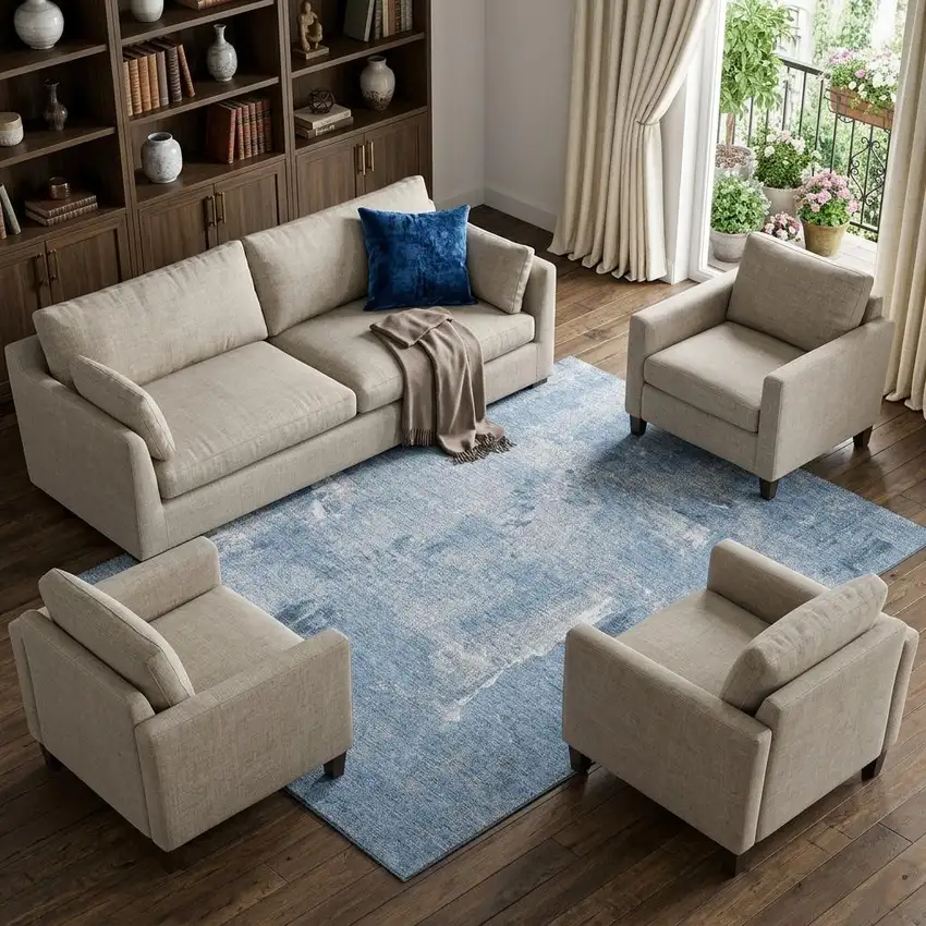 Denim Blue And Ivory Abstract Washable Area Rug With UV Protection Photo 1