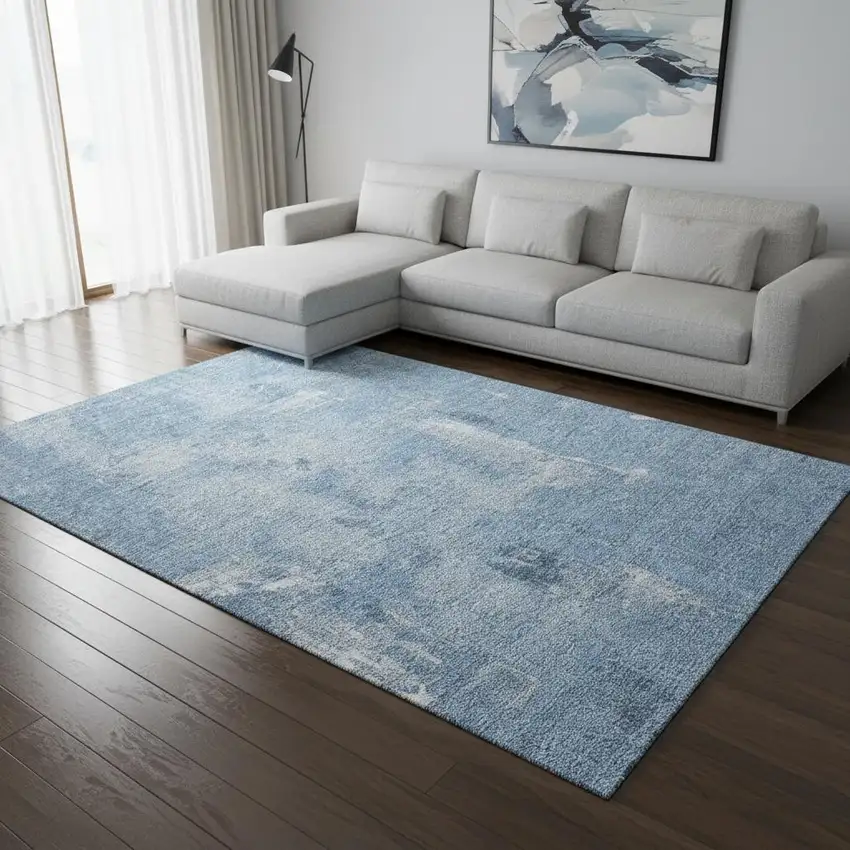 Denim Blue And Ivory Abstract Washable Area Rug With UV Protection Photo 2