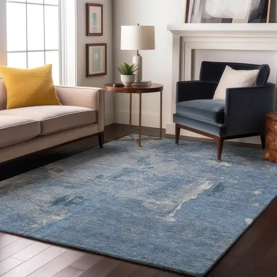 Denim Blue And Ivory Abstract Washable Area Rug With UV Protection Photo 3