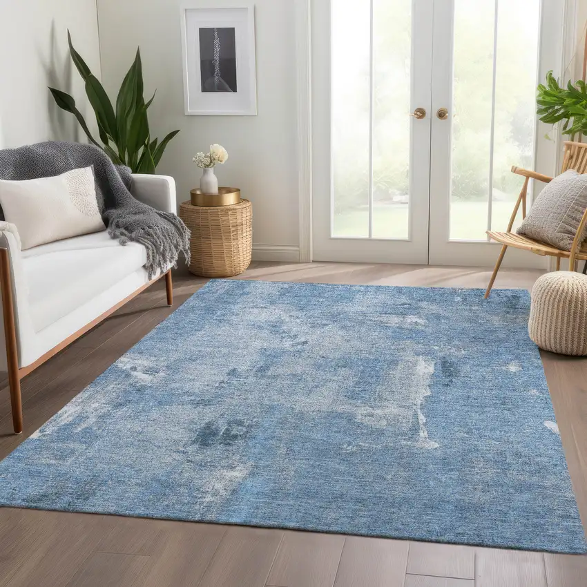 Denim Blue And Ivory Abstract Washable Area Rug With UV Protection Photo 4