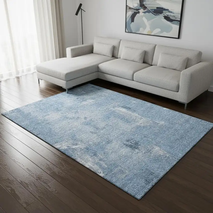Denim Blue And Ivory Abstract Washable Area Rug With UV Protection Photo 2