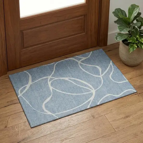 Denim Blue And Ivory Abstract Washable Area Rug With UV Protection Photo 1