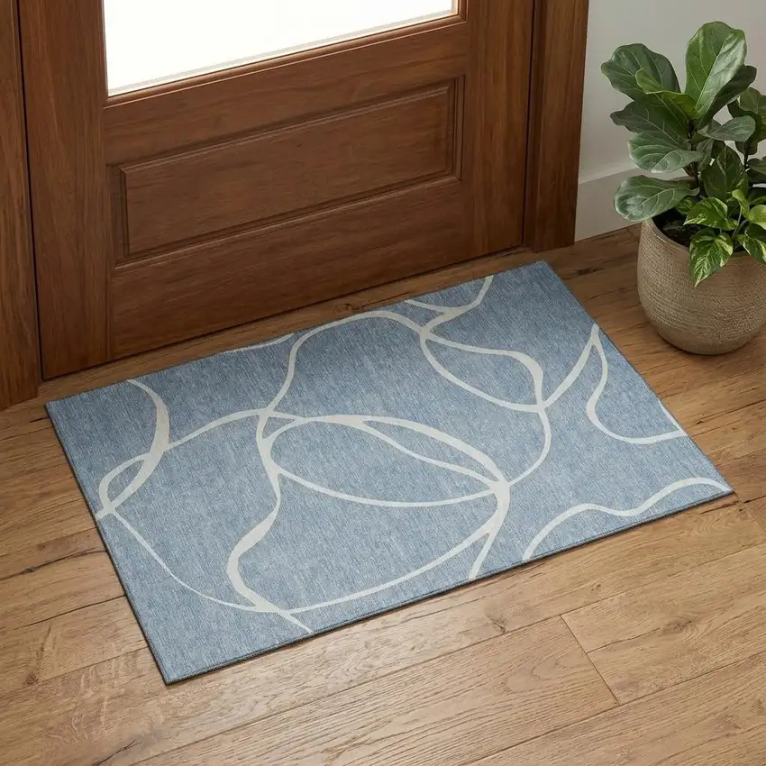 Denim Blue And Ivory Abstract Washable Area Rug With UV Protection Photo 1