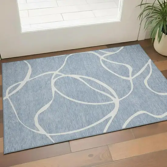 Denim Blue And Ivory Abstract Washable Area Rug With UV Protection Photo 2