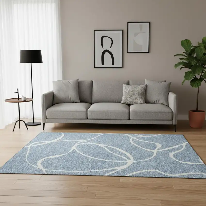 Denim Blue And Ivory Abstract Washable Area Rug With UV Protection Photo 2