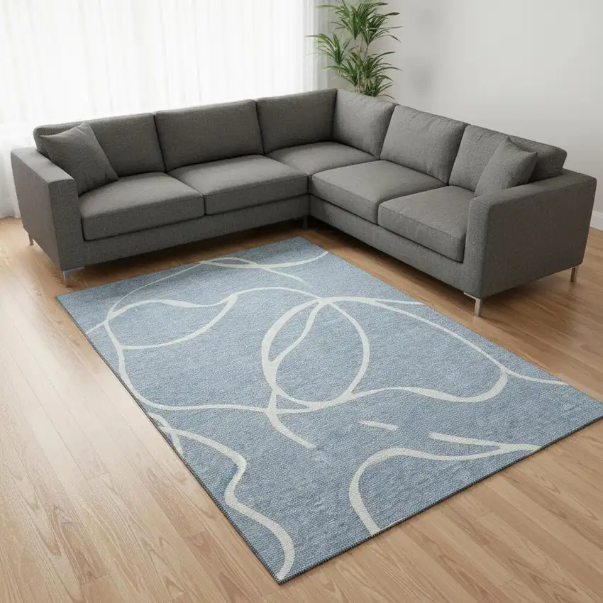 Denim Blue And Ivory Abstract Washable Area Rug With UV Protection Photo 2