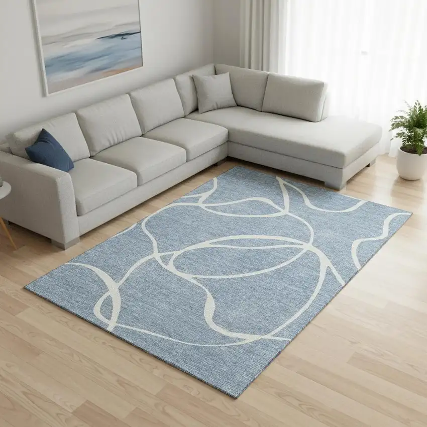 Denim Blue And Ivory Abstract Washable Area Rug With UV Protection Photo 2