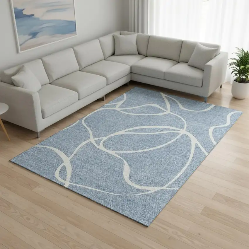 Denim Blue And Ivory Abstract Washable Area Rug With UV Protection Photo 2