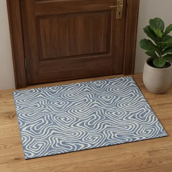 Denim Blue And Ivory Abstract Washable Area Rug With UV Protection Photo 1