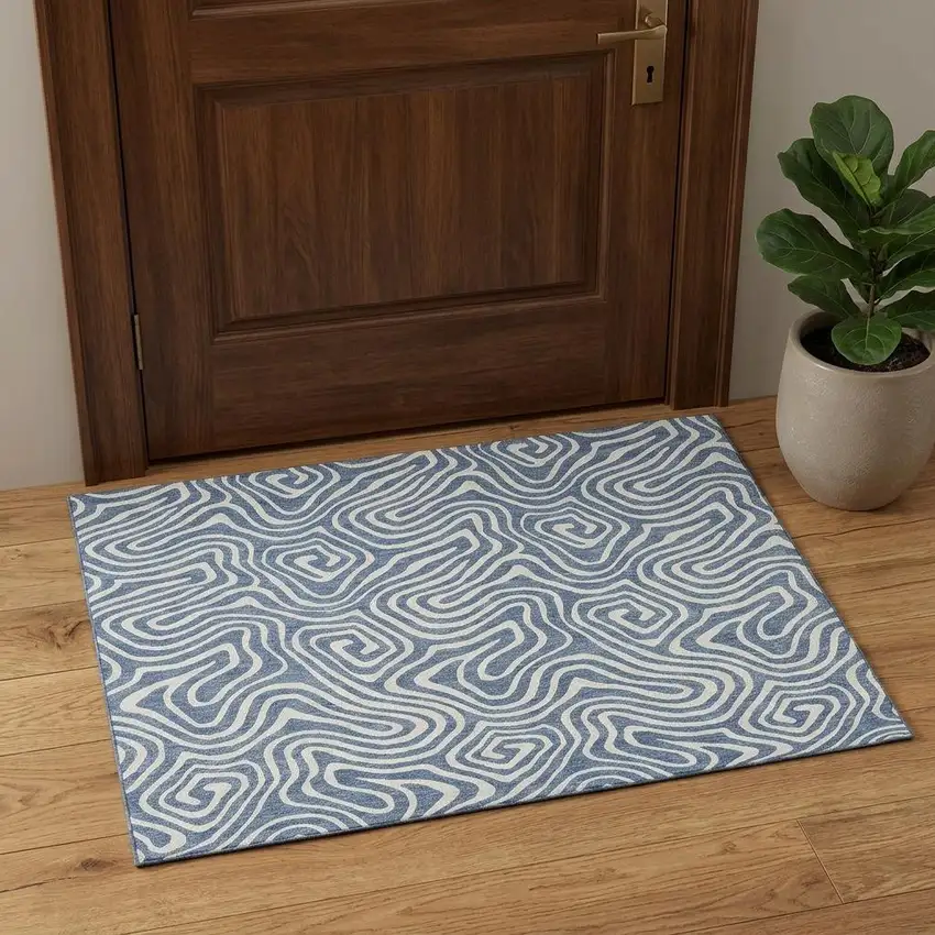 Denim Blue And Ivory Abstract Washable Area Rug With UV Protection Photo 1